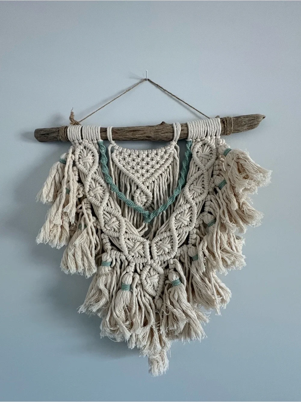 Handmade Cream and Teal Macramé Wall Hanging - Boho Home Decor